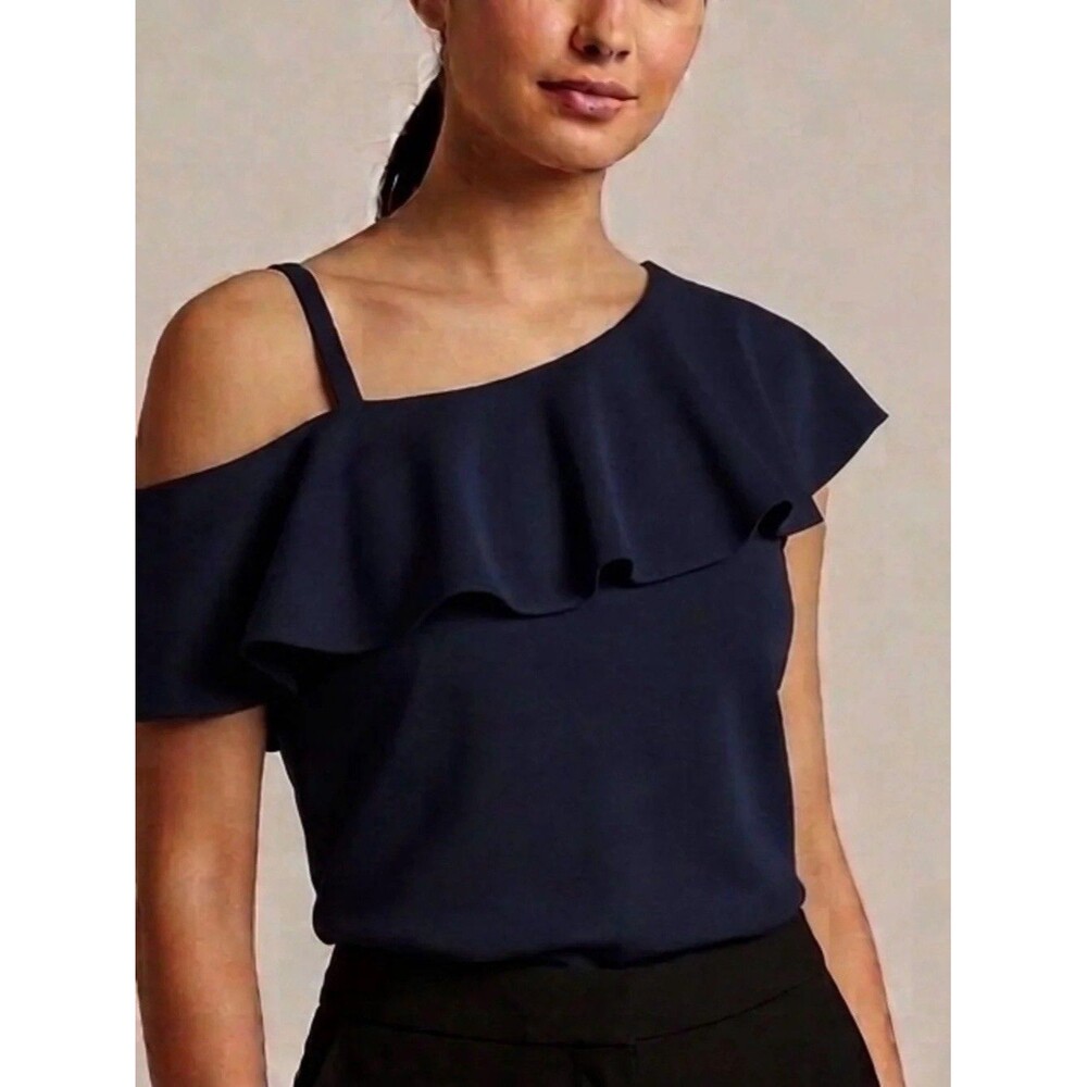 Banana Republic Women’s Off The Shoulder Blouse Top XL Navy Blue Ruffle Neutral
